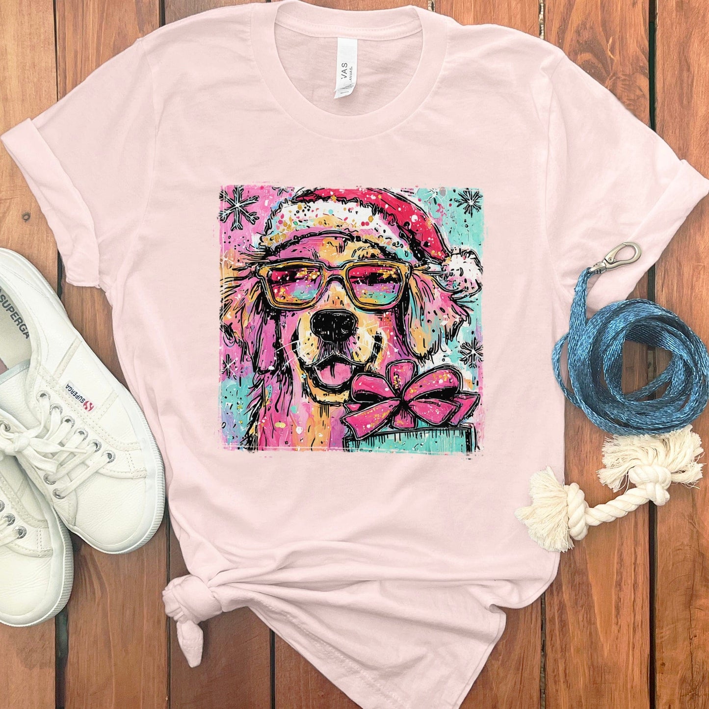 Pink Dog with Glasses Santa Hat T-shirt product type