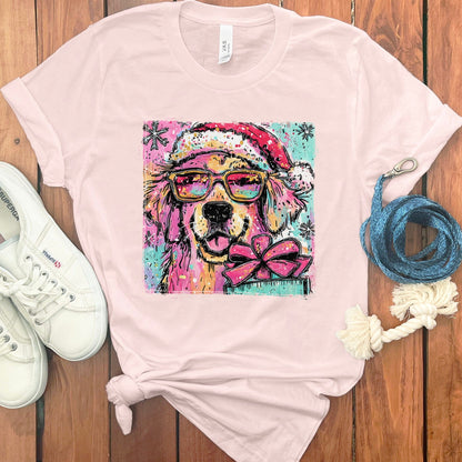 Pink Dog with Glasses Santa Hat T-shirt product type