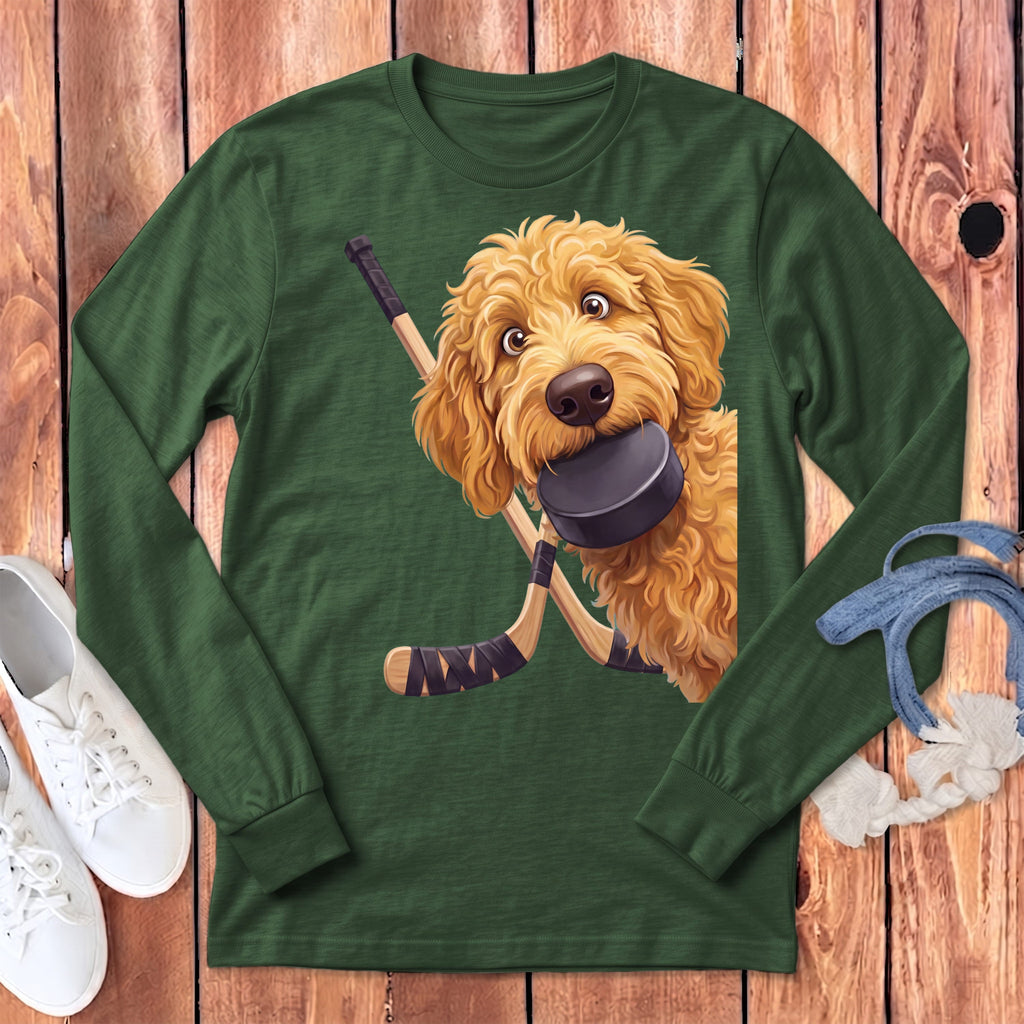 Golden Goldendoodle Hockey Long Sleeve T-Shirt in Heather Forest / S by Puppy Jo