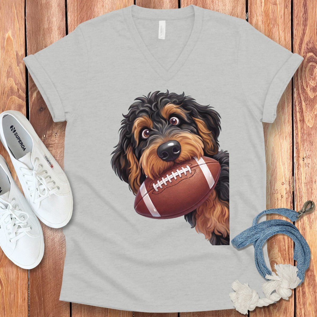 Phantom Goldendoodle Football V-Neck T-Shirt in Athletic Heather / S by Puppy Jo