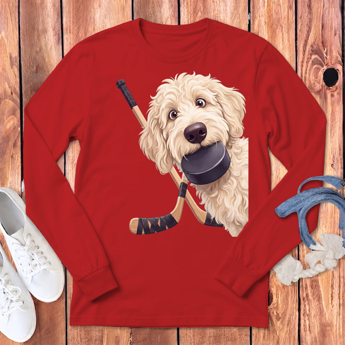 Cream Goldendoodle Hockey Long Sleeve T-Shirt in Red / S by Puppy Jo