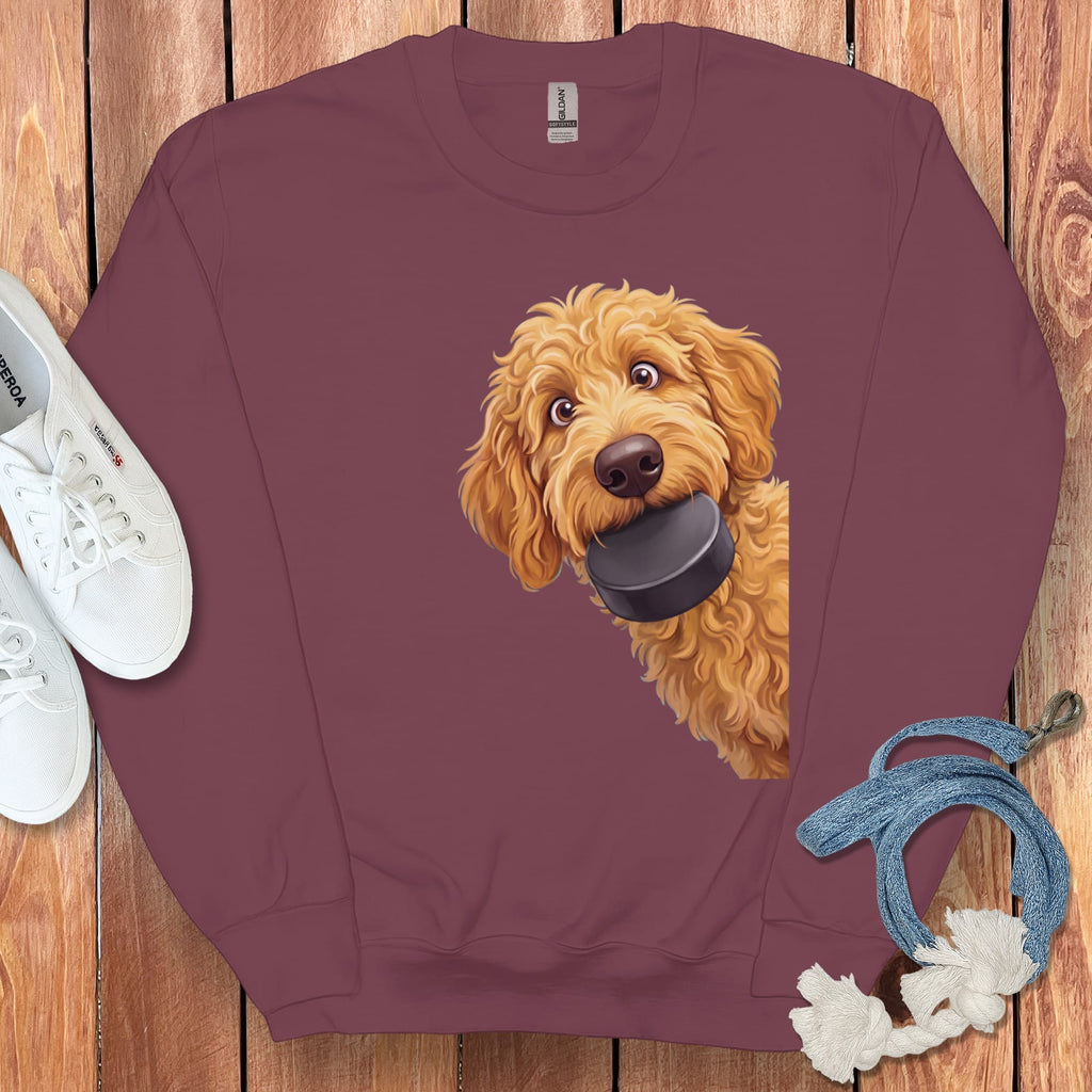 Golden Goldendoodle Hockey Puck Sweatshirt in Maroon / S by Puppy Jo