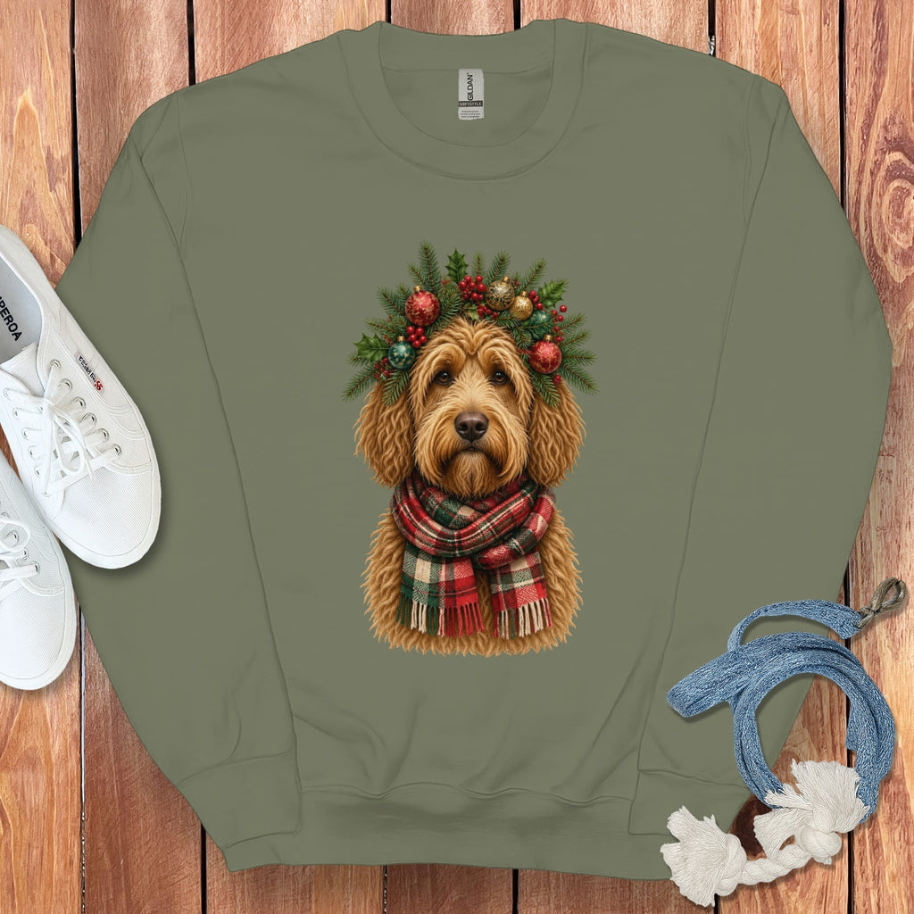 Golden Goldendoodle Holiday Crown Sweatshirt in Military Green / S by Puppy Jo