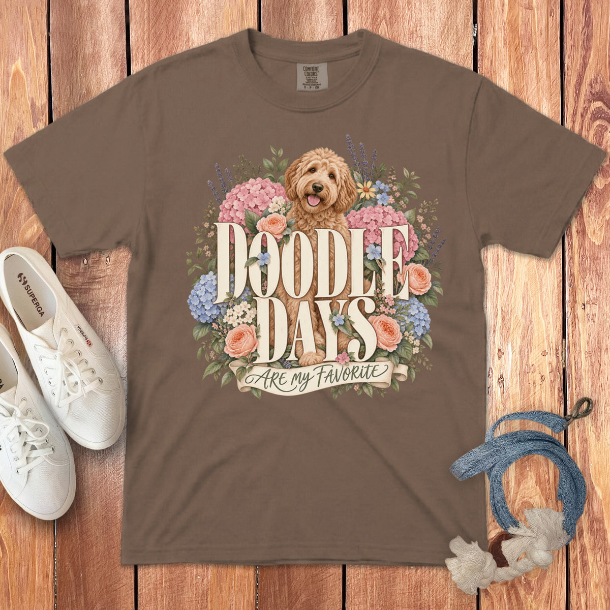 Brown t-shirt with "Doodle Days Are My Favorite" text and a doodle dog surrounded by flowers.