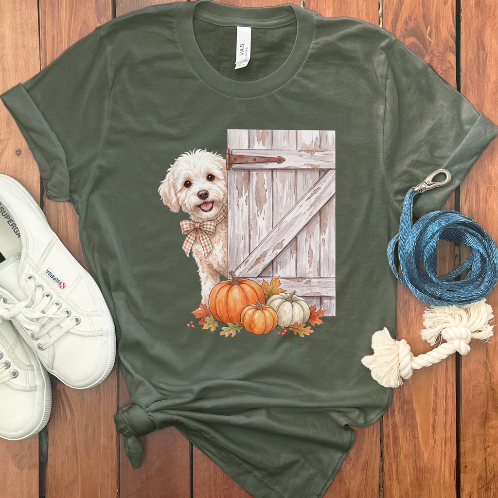 Maltipoo Barn Peeking T-Shirt in Military Green / S by Puppy Jo