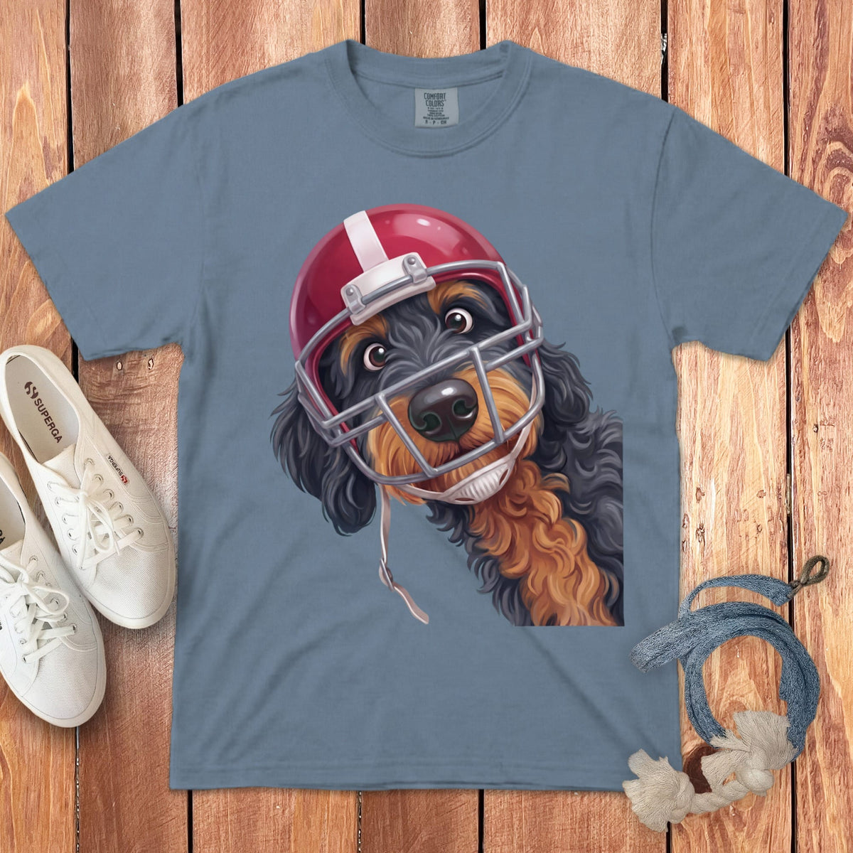 Phantom Goldendoodle Football Helmet Signature T-Shirt in Blue Jean / S by Puppy Jo