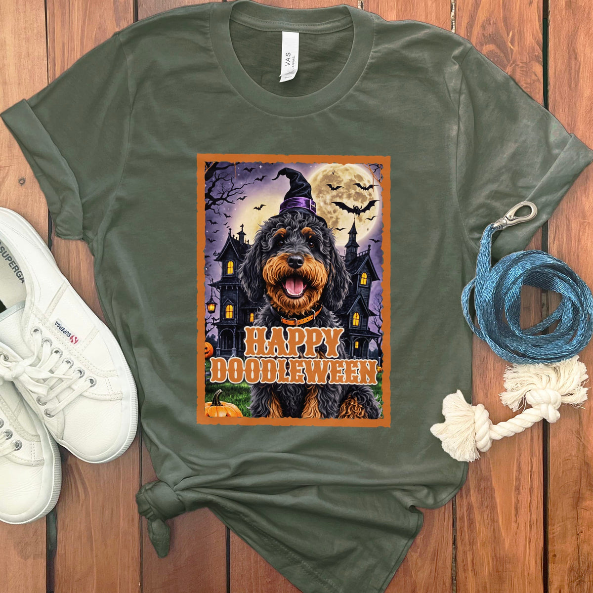 Phantom Goldendoodle Happy Doodleween T-Shirt in Military Green / S by Puppy Jo