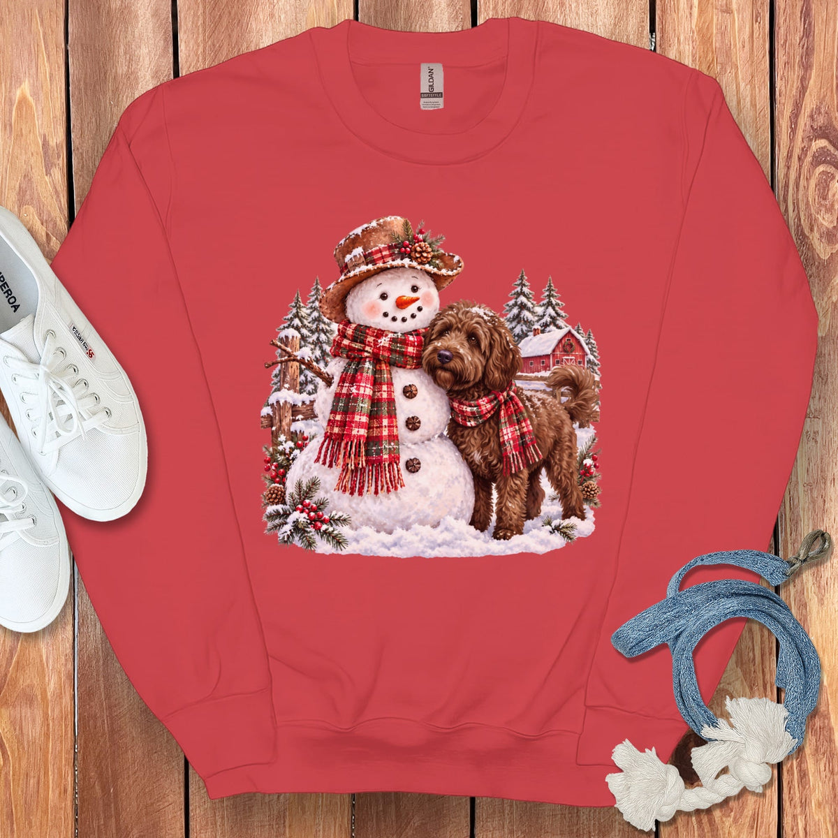 Chocolate Goldendoodle Christmas Snowman Sweatshirt in Red / S by Puppy Jo