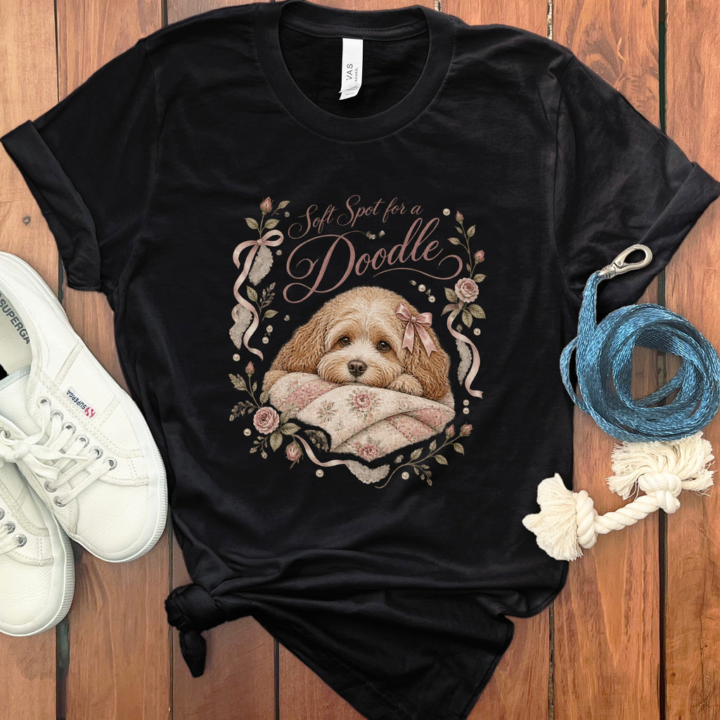 Black t-shirt with a doodle dog graphic and the text "Soft Spot for a Doodle".