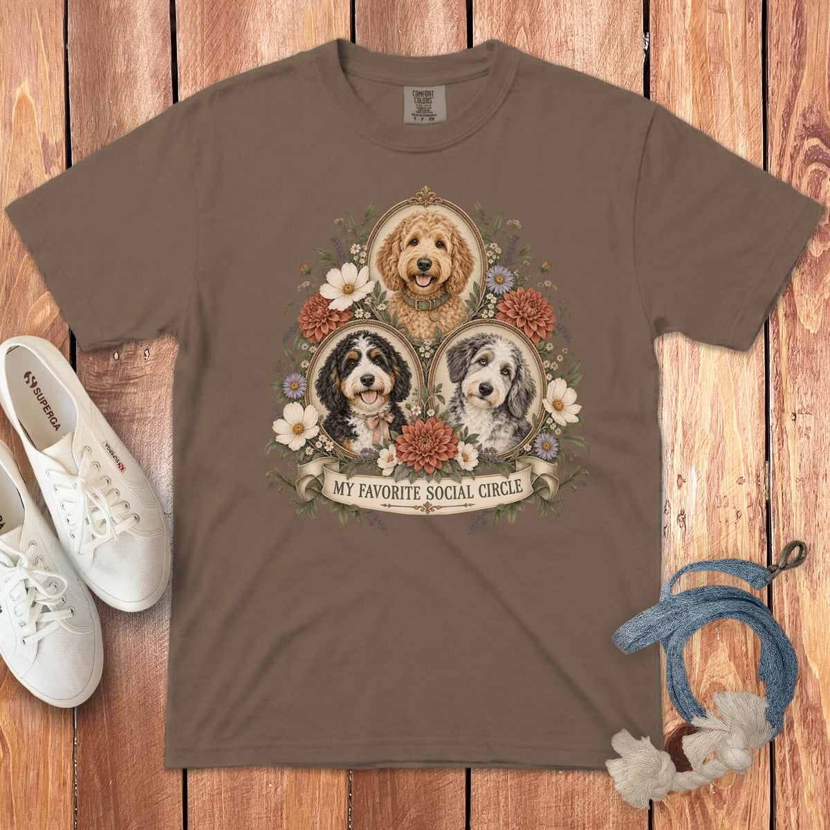 Brown t-shirt featuring a vintage floral graphic of three doodles with the text My Favorite Social Circle.