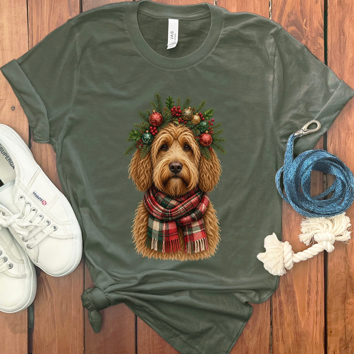 Golden Goldendoodle Holiday Crown T-Shirt in Military Green / S by Puppy Jo