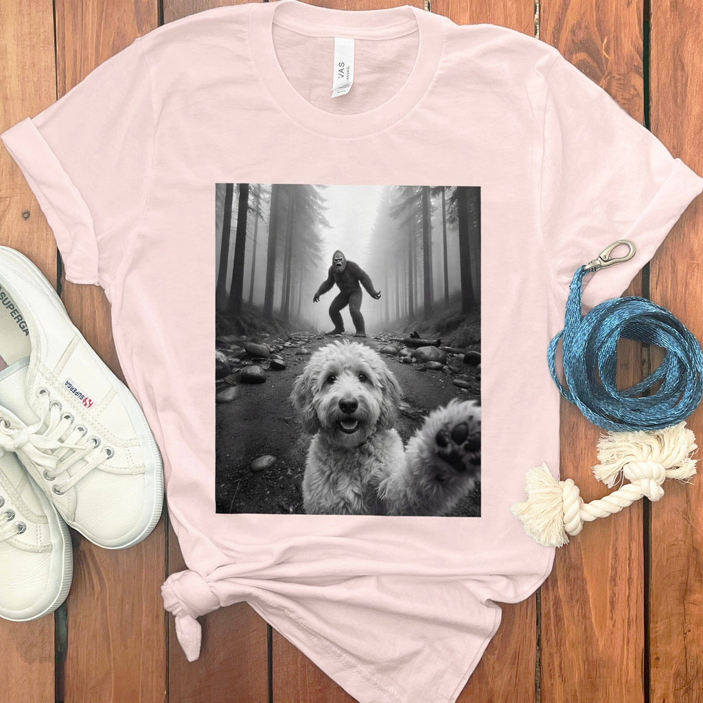 Playful Dog and Hiker in Misty Forest Shirt