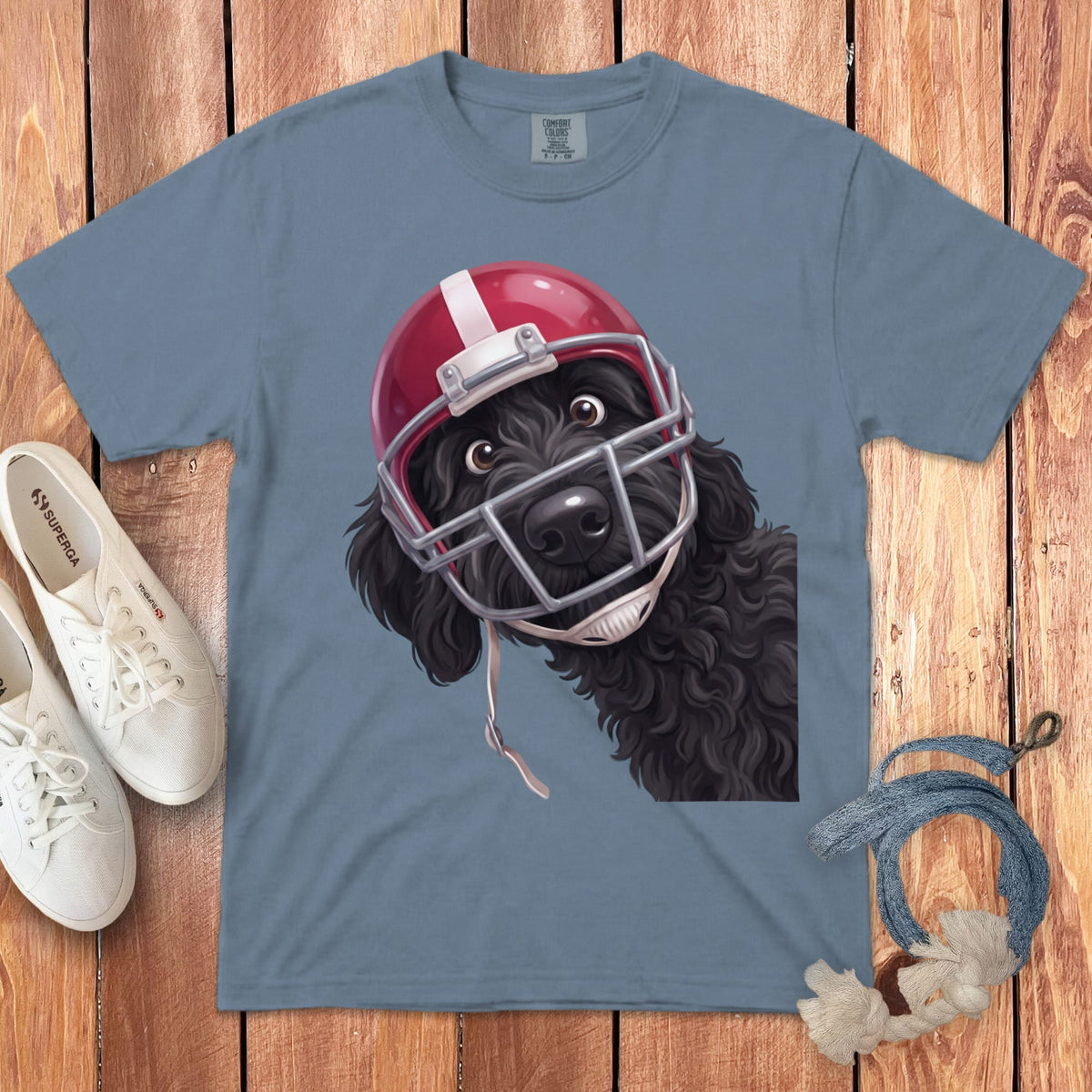 Black Goldendoodle Football Helmet Signature T-Shirt in Blue Jean / S by Puppy Jo