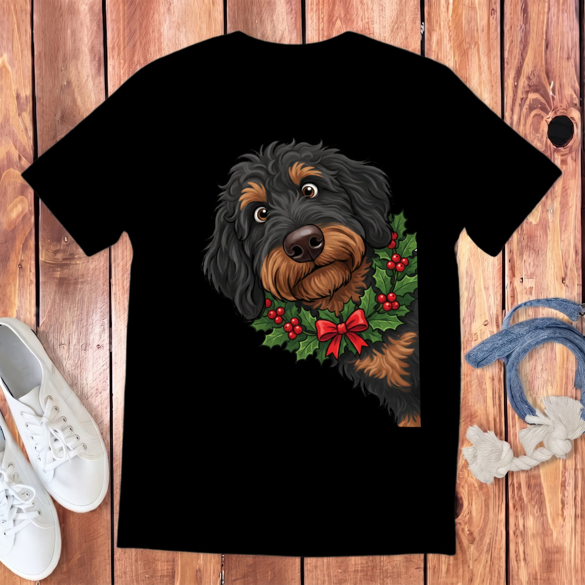 Black t-shirt with a drawing of a dog wearing a holly wreath and red bow.