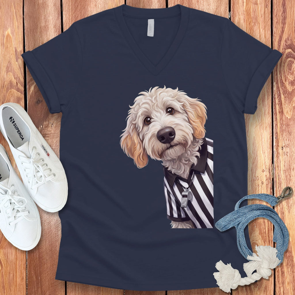 Maltipoo Football Referee V-Neck T-Shirt in Navy / S by Puppy Jo