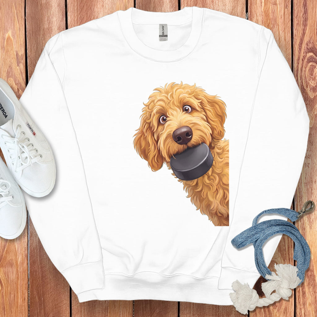 Golden Goldendoodle Hockey Puck Sweatshirt in White / S by Puppy Jo
