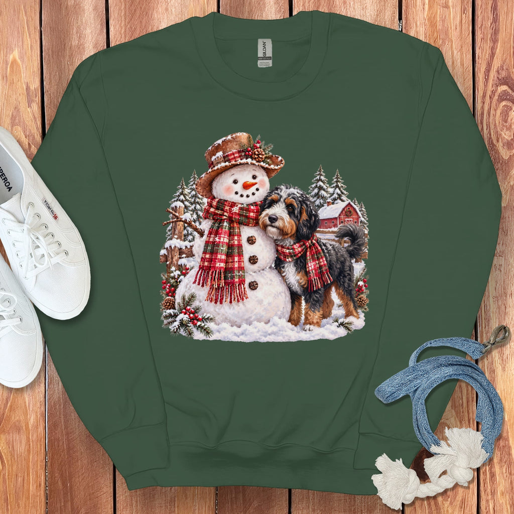 Bernedoodle Christmas Snowman Sweatshirt in Forest Green / S by Puppy Jo