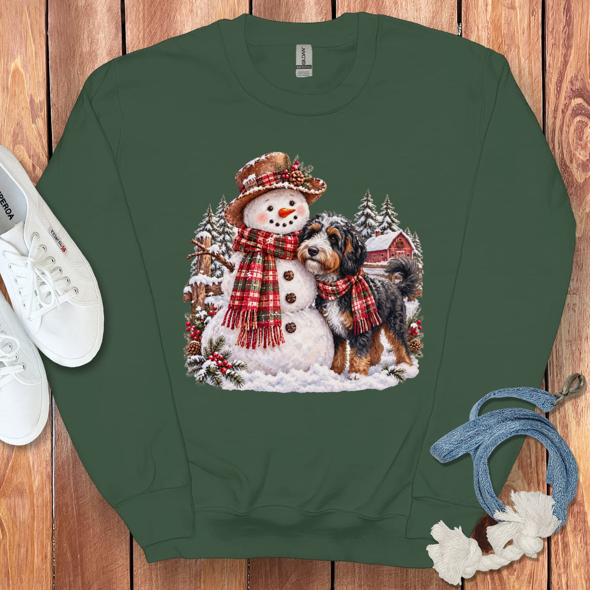 Bernedoodle Christmas Snowman Sweatshirt in Forest Green / S by Puppy Jo