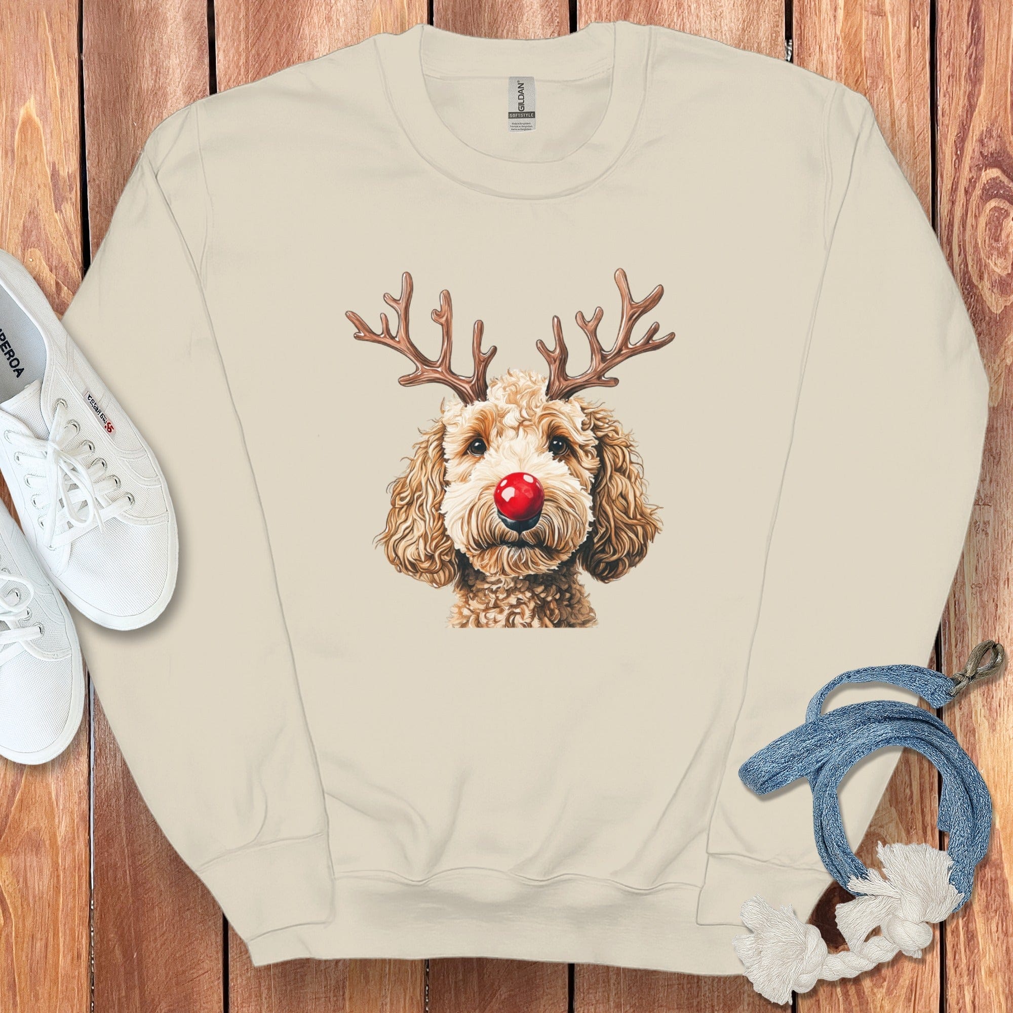 Cute Dog with Antlers and Red Nose Holiday Sweatshirt