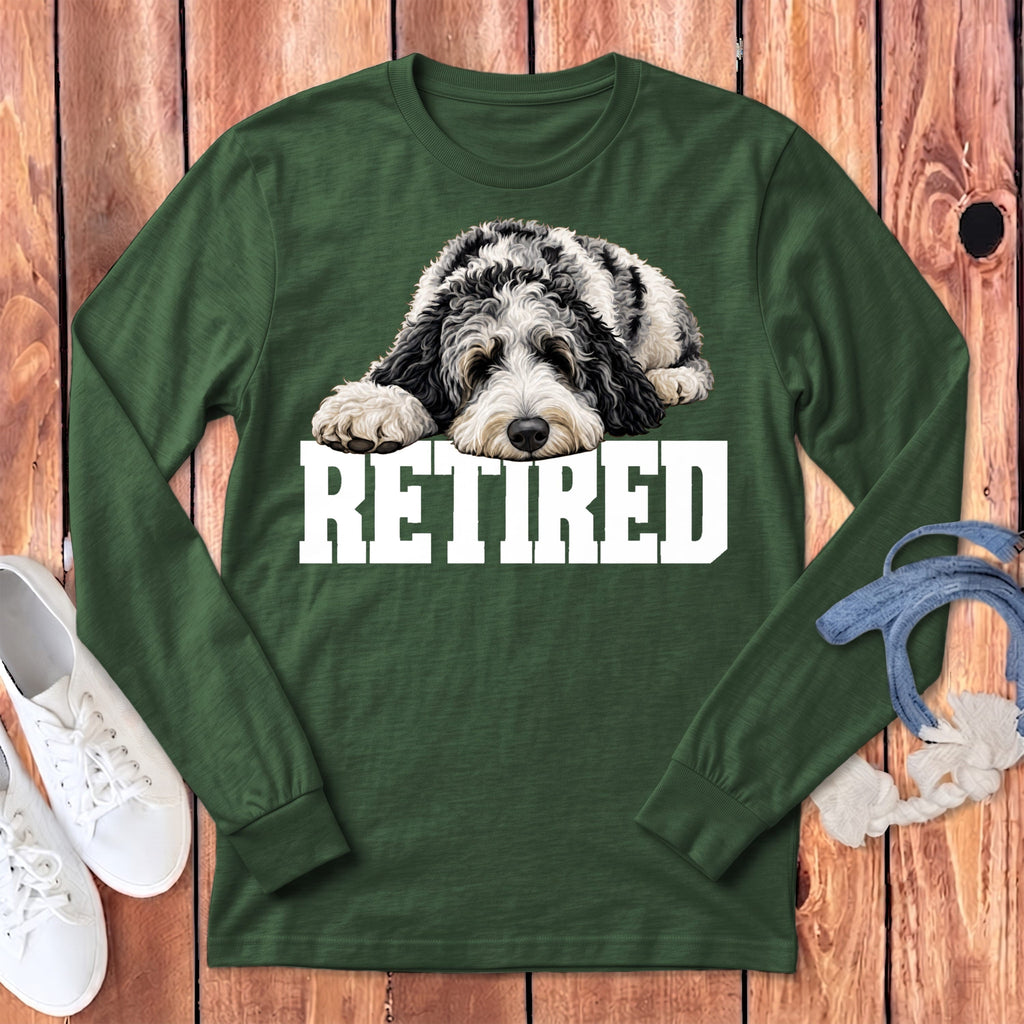 Retired Sleeping Merle Goldendoodle Long Sleeve T-Shirt in Heather Forest / S by Puppy Jo