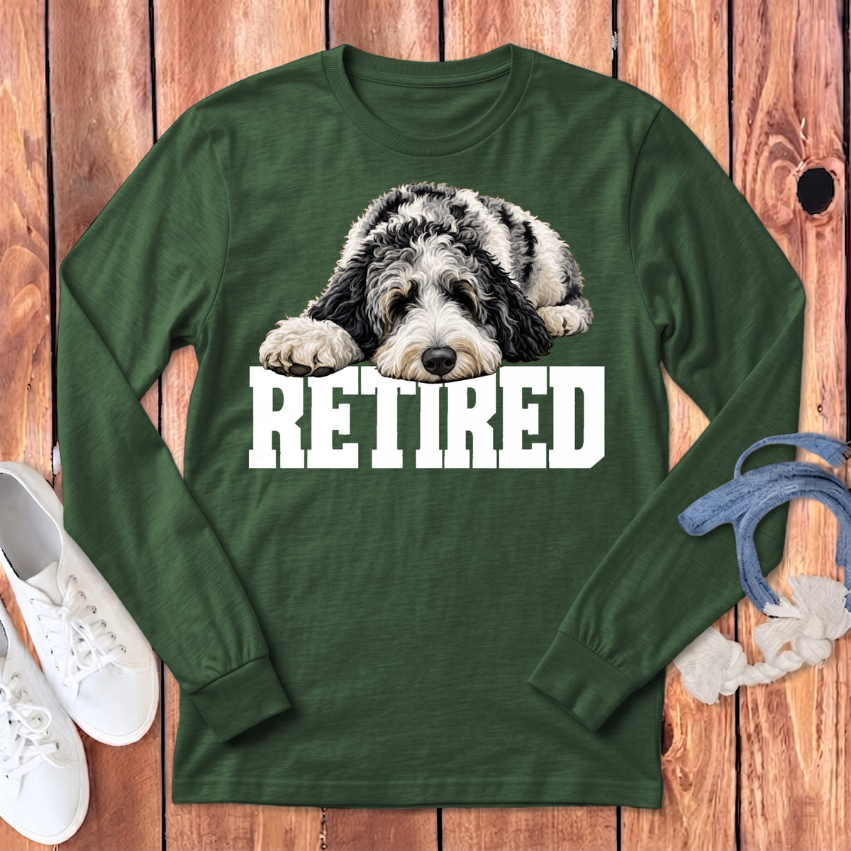 Retired Sleeping Merle Goldendoodle Long Sleeve T-Shirt in Heather Forest / S by Puppy Jo