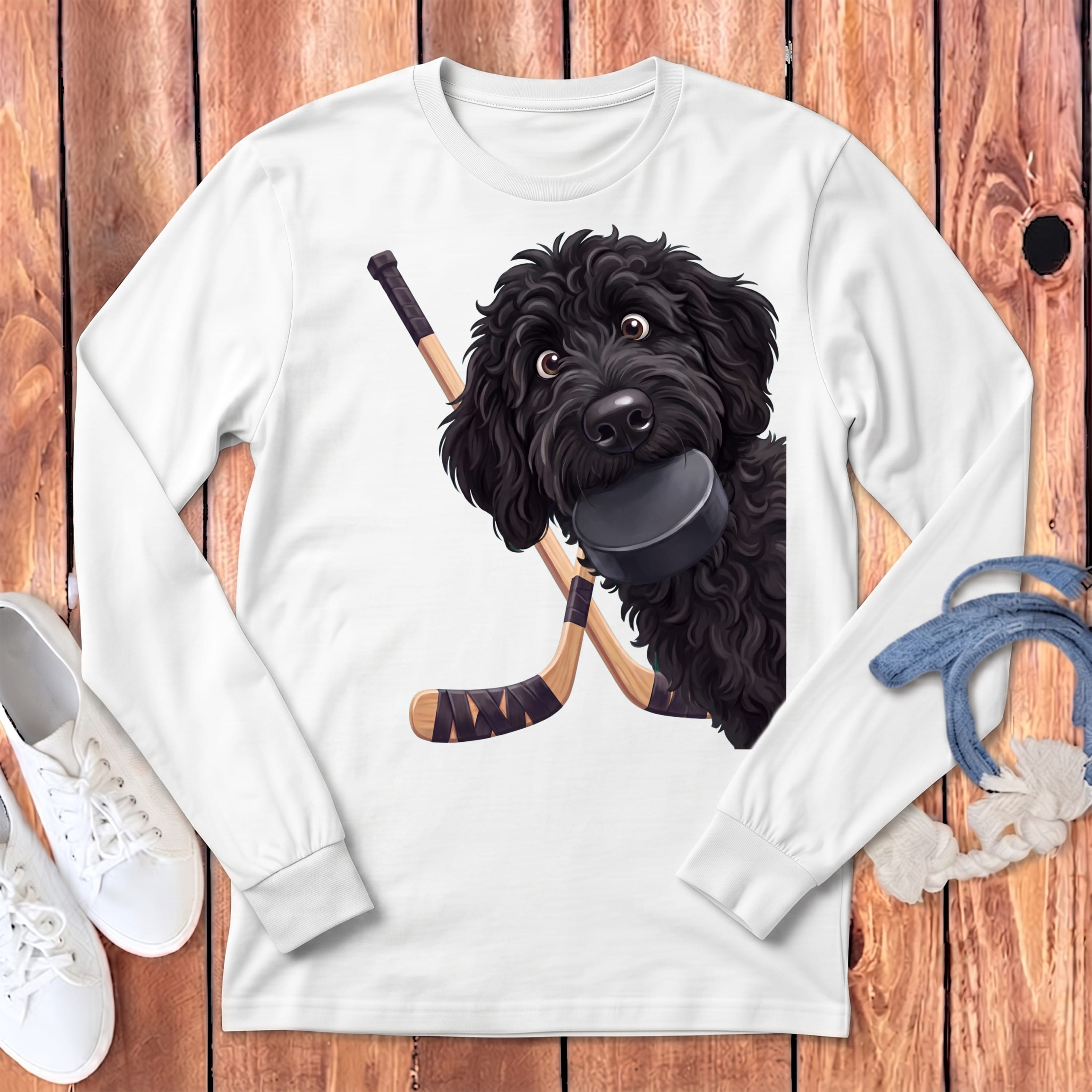 Black Goldendoodle Hockey Long Sleeve T-Shirt in White / S by Puppy Jo