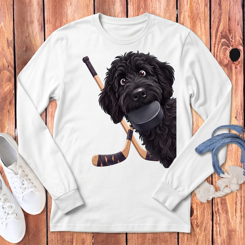 Black Goldendoodle Hockey Long Sleeve T-Shirt in White / S by Puppy Jo