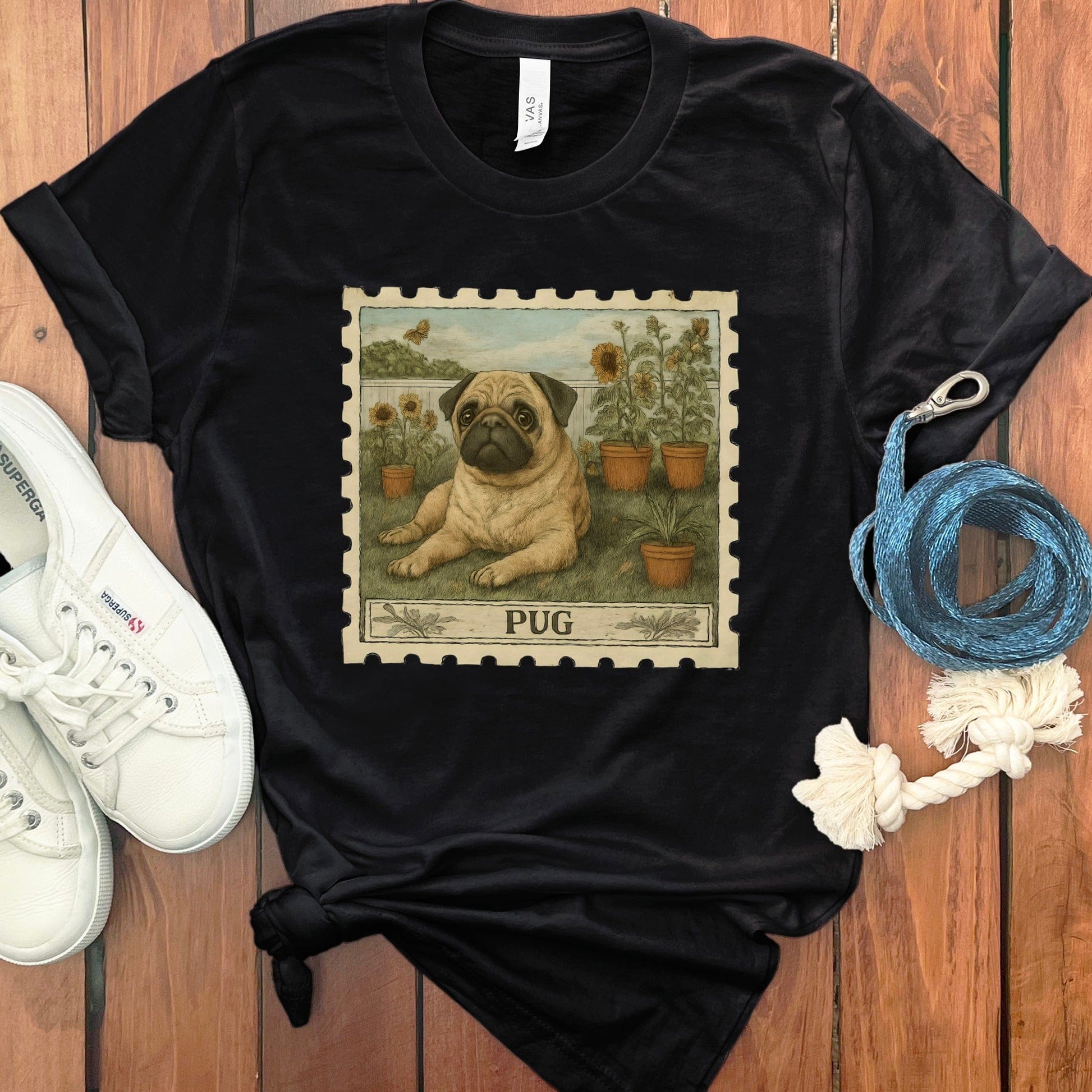 Pug Print Black T-Shirt Casual Dog Lover Product