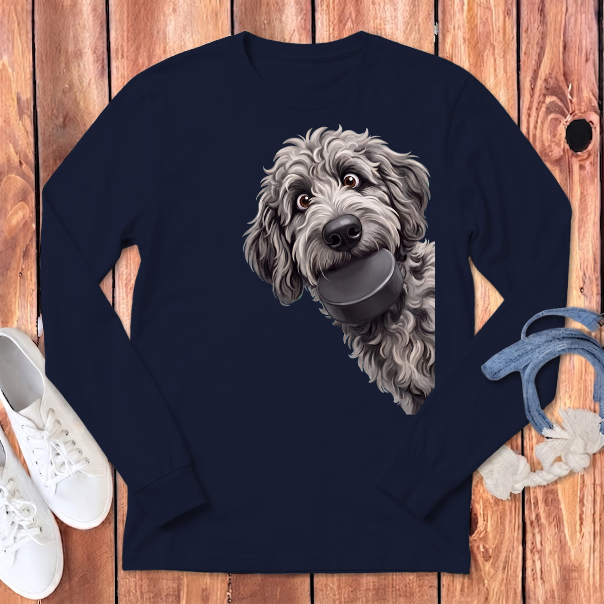 Merle Goldendoodle Hockey Puck Long Sleeve T-Shirt in Navy / S by Puppy Jo