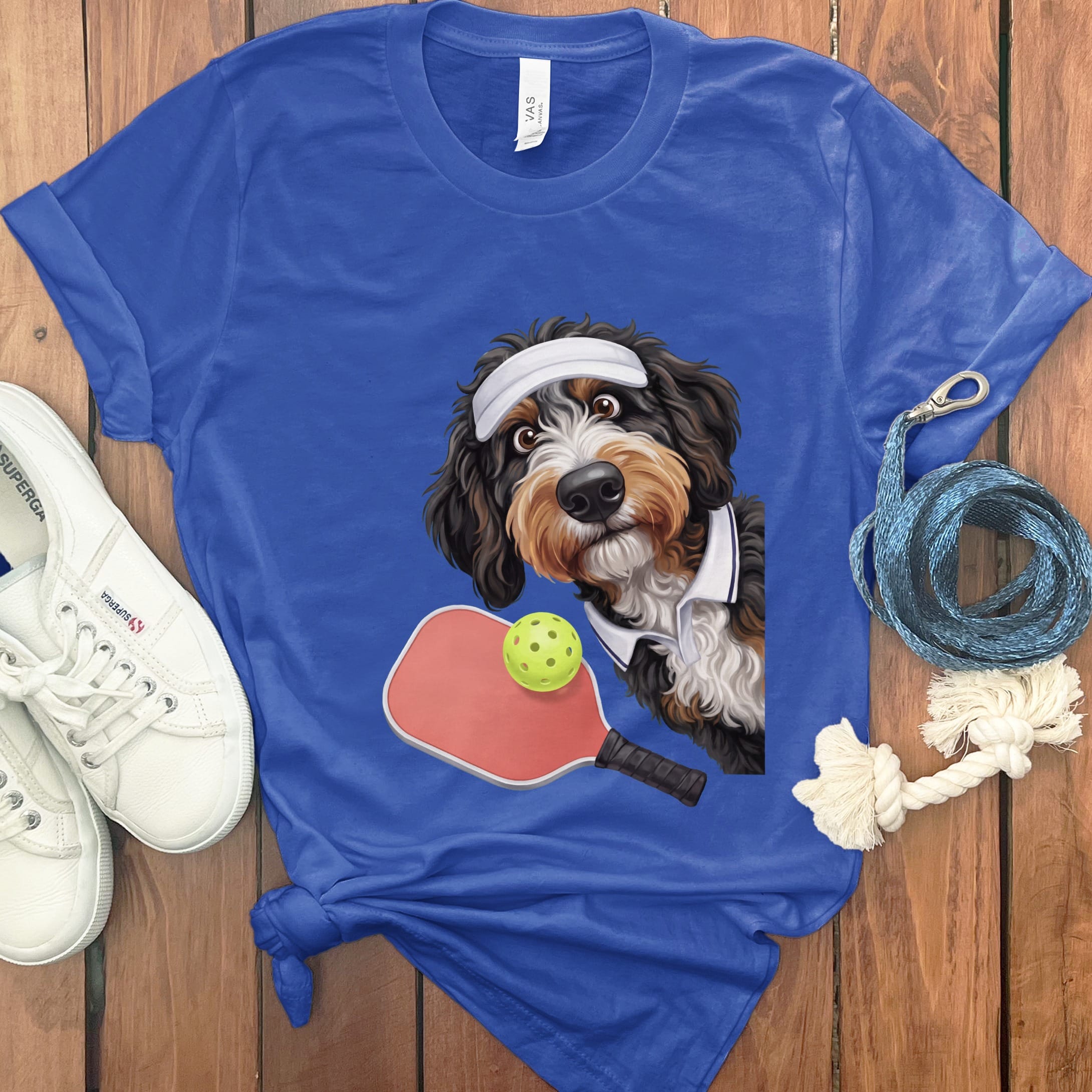 Bernedoodle Pickleball Player T-Shirt in True Royal / S by Puppy Jo