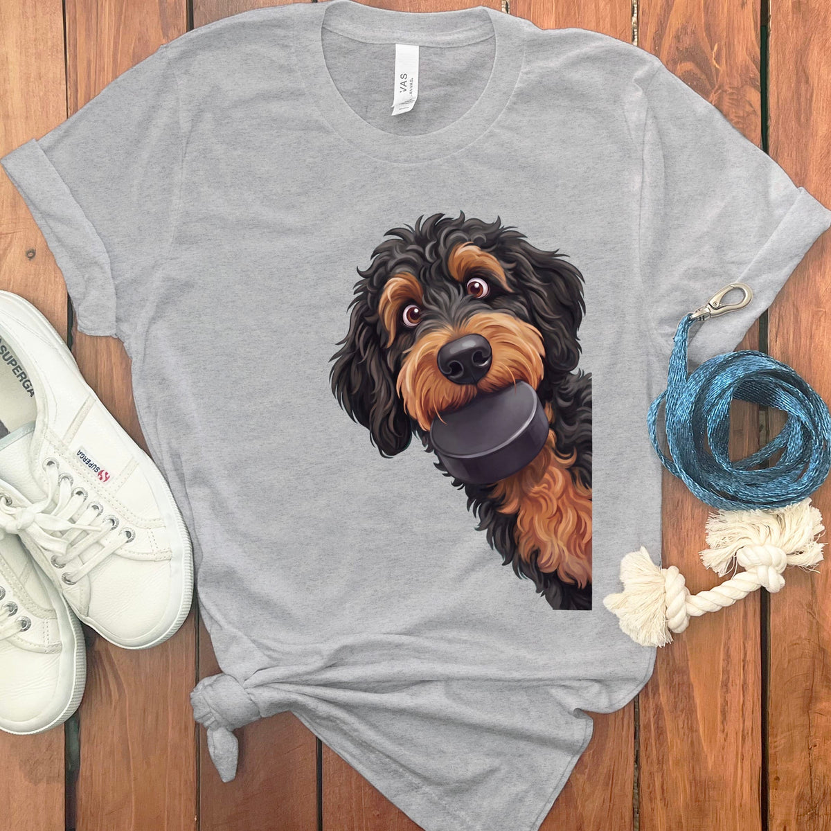 Phantom Goldendoodle Hockey Puck T-Shirt in Athletic Heather / S by Puppy Jo
