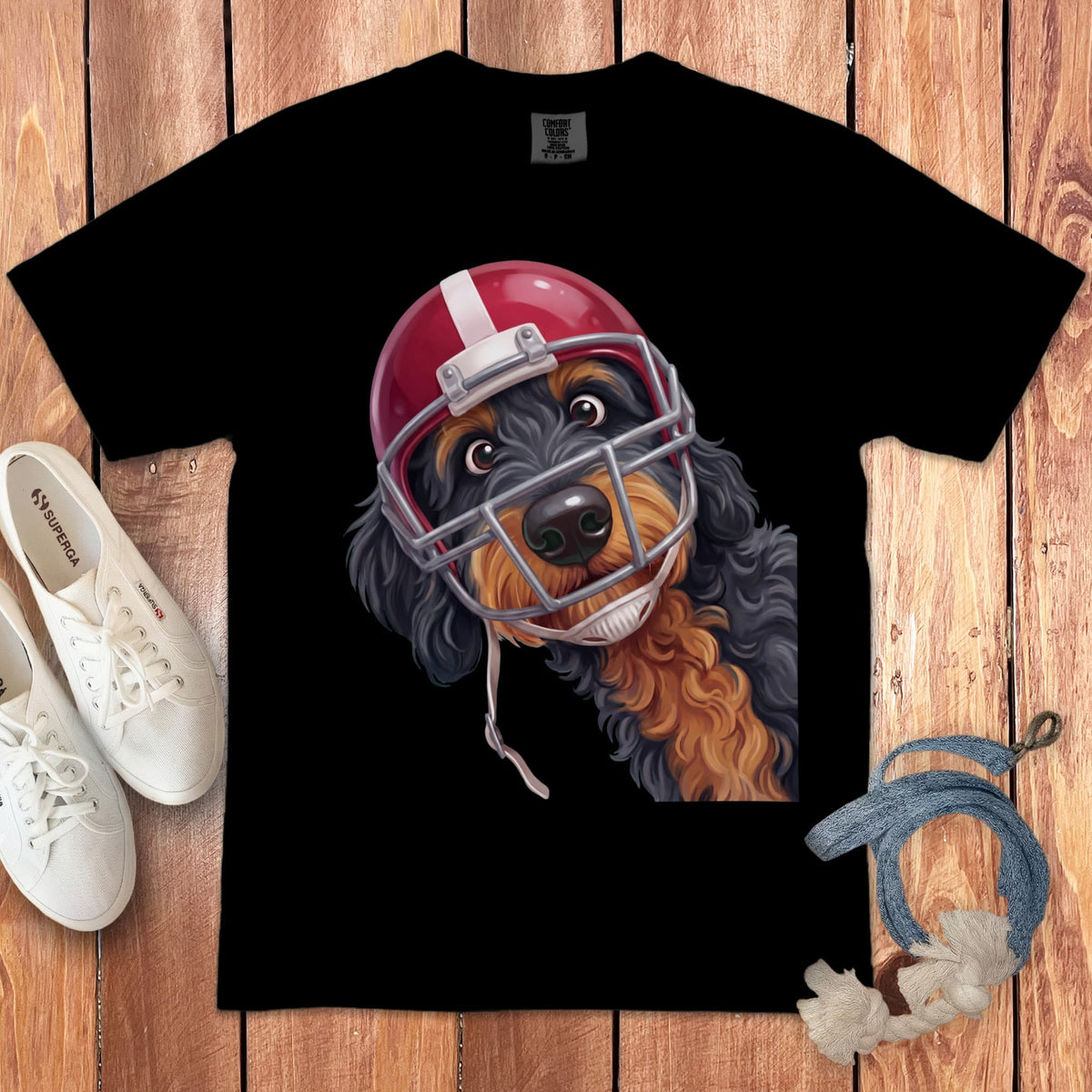 Phantom Goldendoodle Football Helmet Signature T-Shirt in Black / S by Puppy Jo