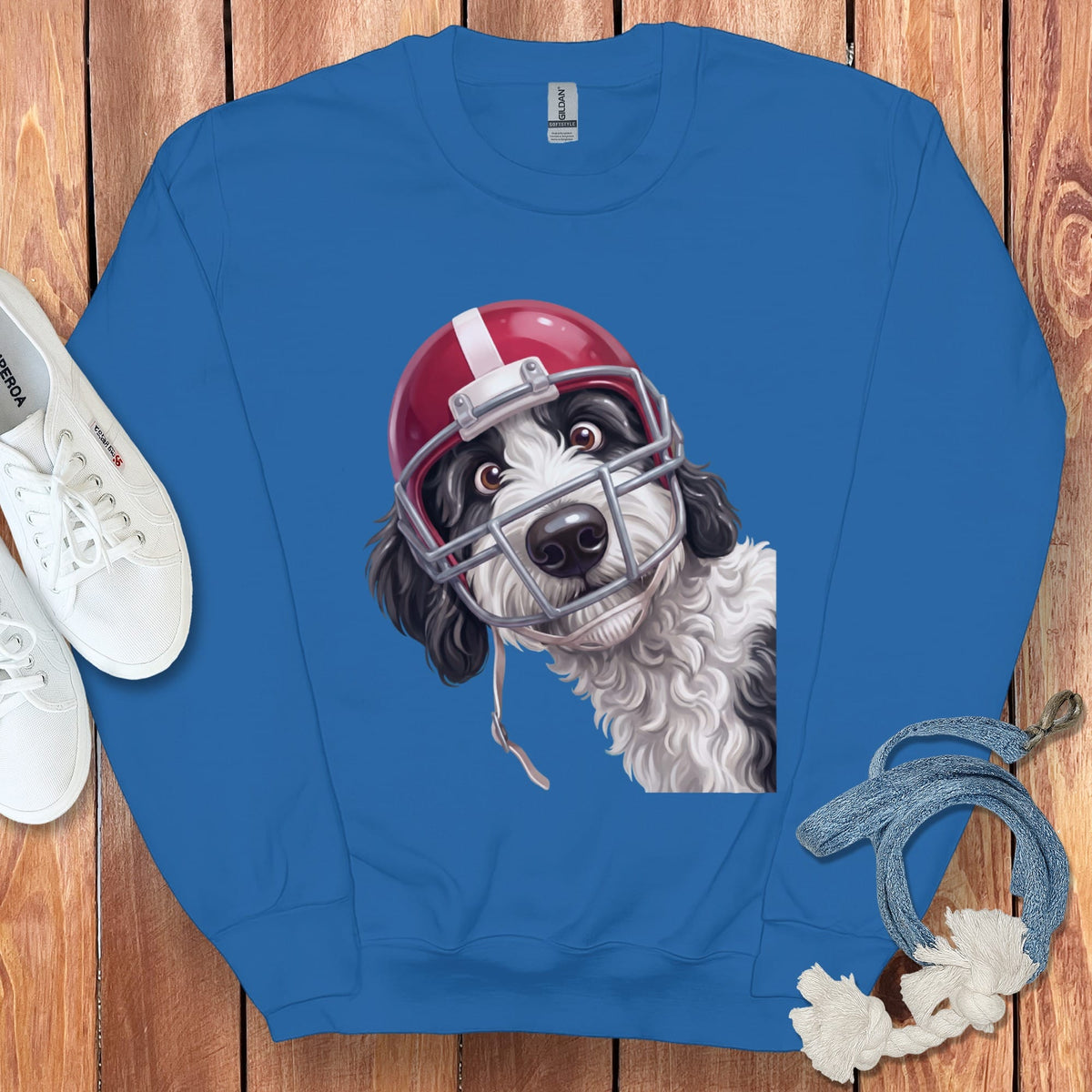 Sheepadoodle Football Helmet Sweatshirt in Royal / S by Puppy Jo