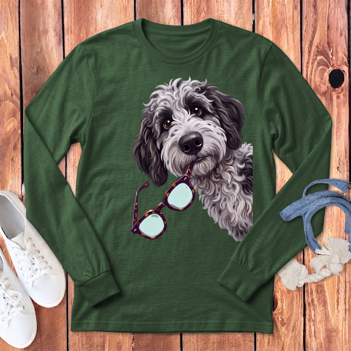 Dark green long-sleeve shirt featuring an illustration of a fluffy doodle dog holding glasses.
