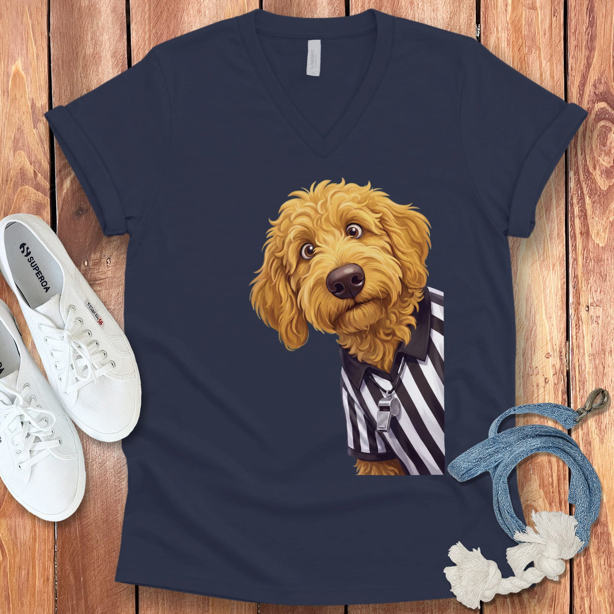 Golden Goldendoodle Football Referee V-Neck T-Shirt in Navy / S by Puppy Jo