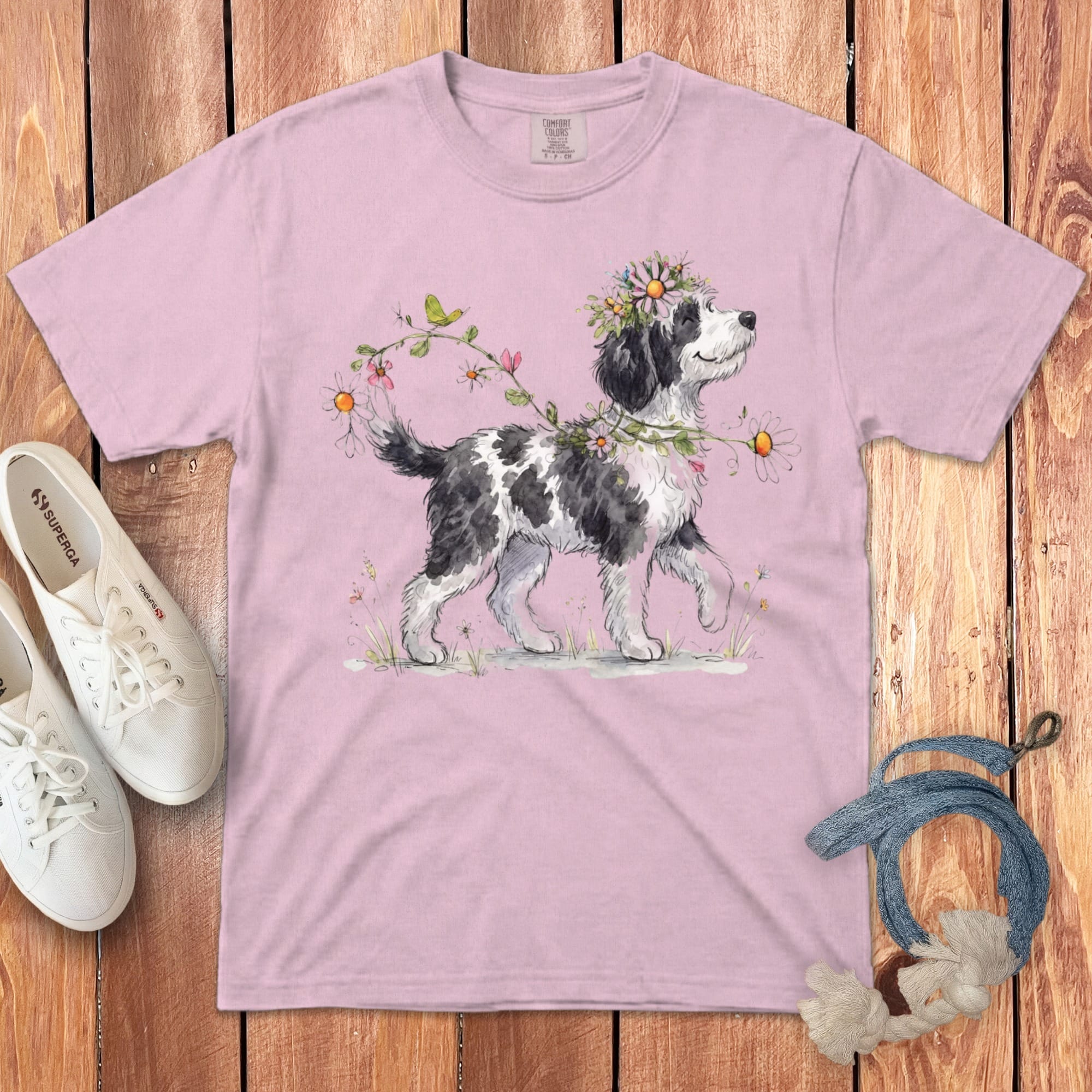 Pink t-shirt with watercolor illustration of a black and white dog wearing a flower crown.