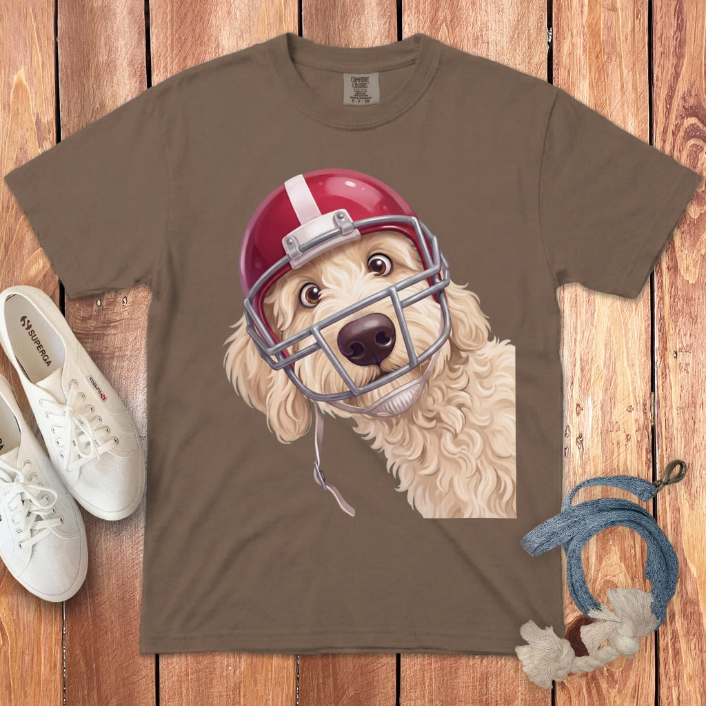 Cream Goldendoodle Football Helmet Signature T-Shirt in Espresso / S by Puppy Jo