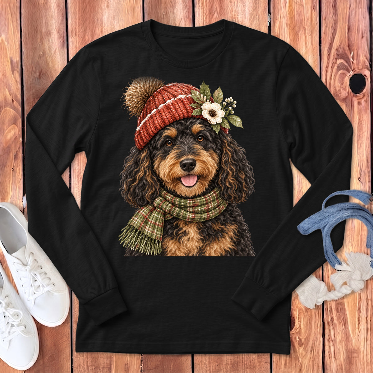 Black long-sleeve shirt with a doodle-style dog wearing a knit hat and scarf.