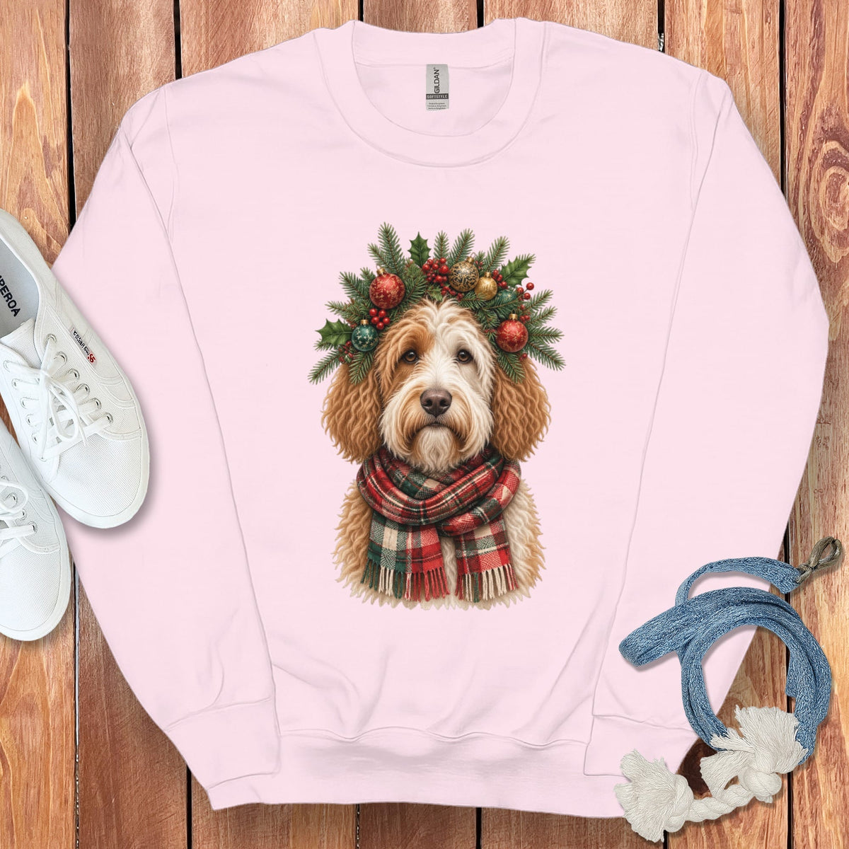 Parti Goldendoodle Holiday Crown Sweatshirt in Light Pink / S by Puppy Jo