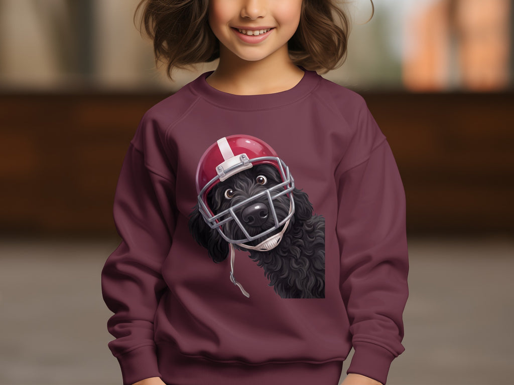 Burgundy sweatshirt with a black dog wearing a red football helmet illustration.