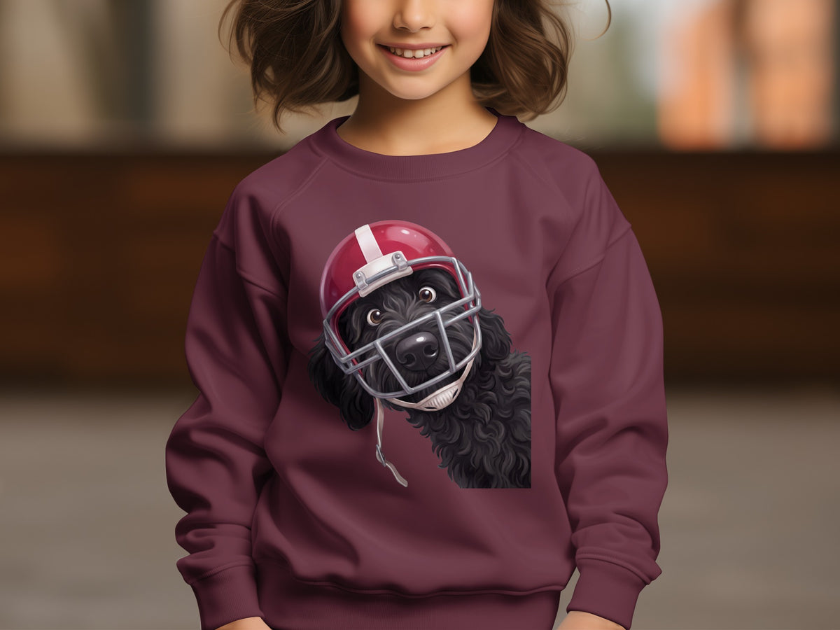 Burgundy sweatshirt with a black dog wearing a red football helmet illustration.