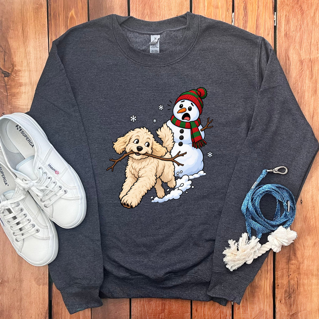 Cream Goldendoodle Snowman Sweatshirt in Dark Heather / S by Puppy Jo