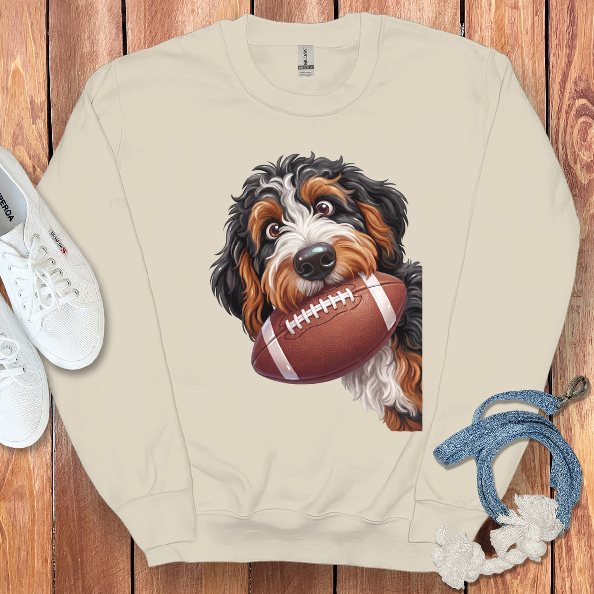 Bernese Mountain Dog with a football in its mouth on a light cream sweatshirt.