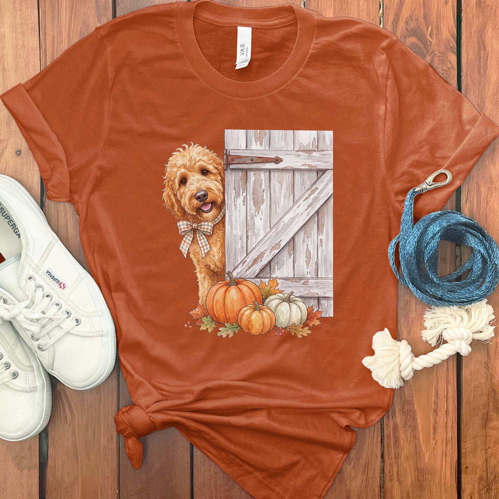 Golden Goldendoodle Barn Peeking T-Shirt in Autumn / S by Puppy Jo