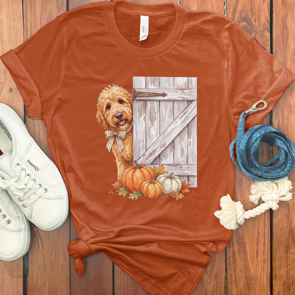 Golden Goldendoodle Barn Peeking T-Shirt in Autumn / S by Puppy Jo
