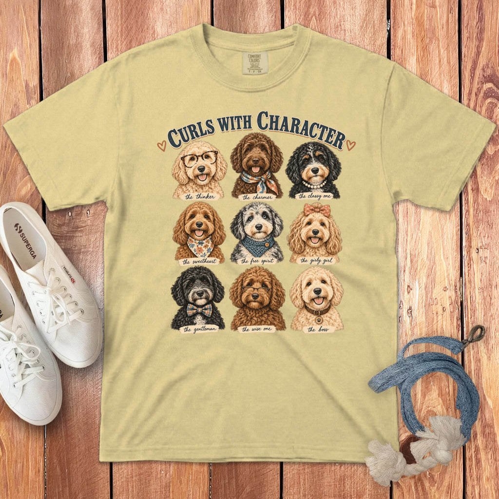 Light yellow t-shirt with "Curls with Character" and nine illustrated dogs in a grid.