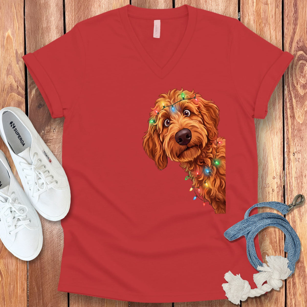 Peeking Apricot Goldendoodle Holiday V-Neck T-Shirt in Red / S by Puppy Jo