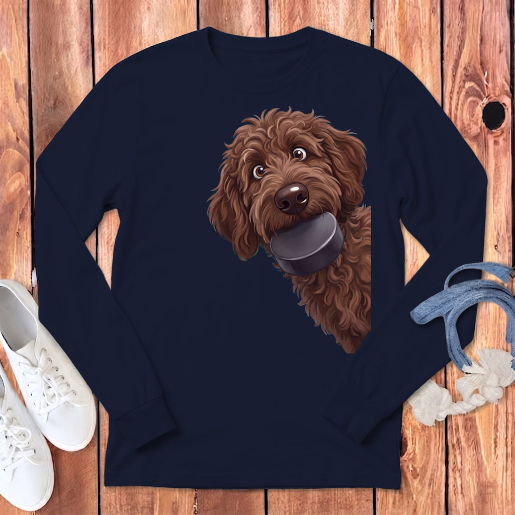 Chocolate Goldendoodle Hockey Puck Long Sleeve T-Shirt in Navy / S by Puppy Jo