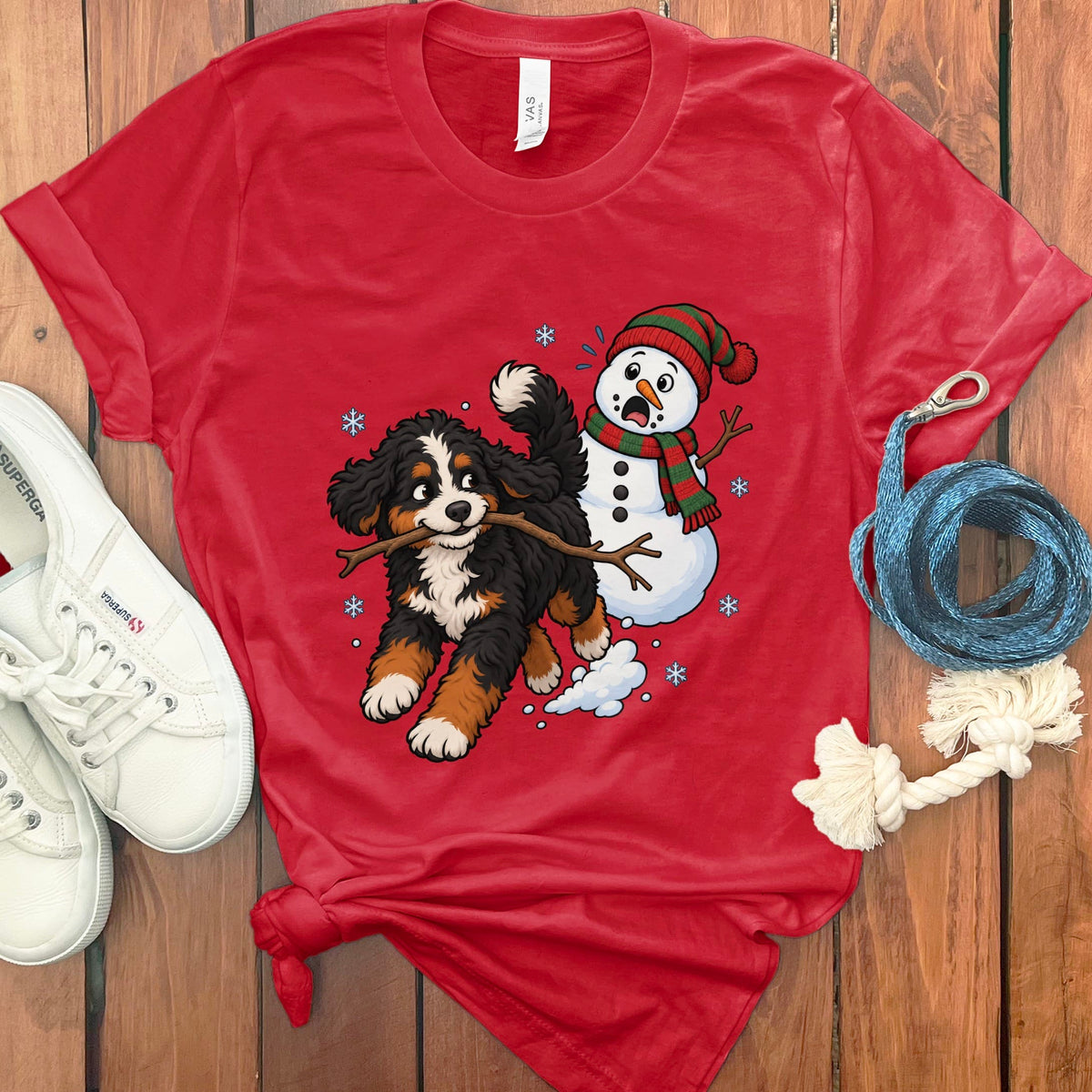 Bernedoodle Snowman T-Shirt in Red / S by Puppy Jo