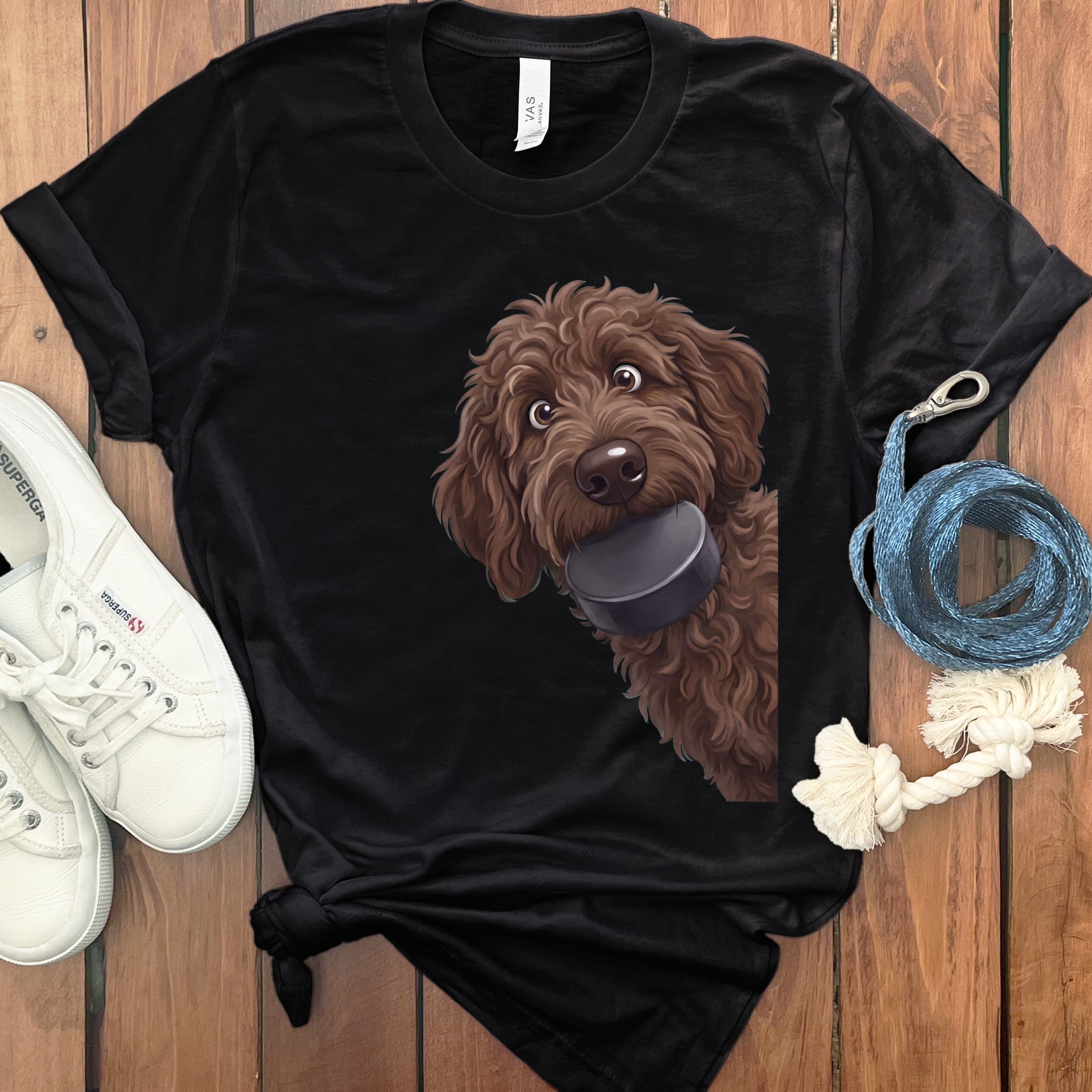 Chocolate Goldendoodle Hockey Puck T-Shirt in Black / S by Puppy Jo